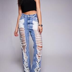 New GOOD AMERICAN The Khloé High-Waist Ripped Straight-Leg Jeans – Size 10